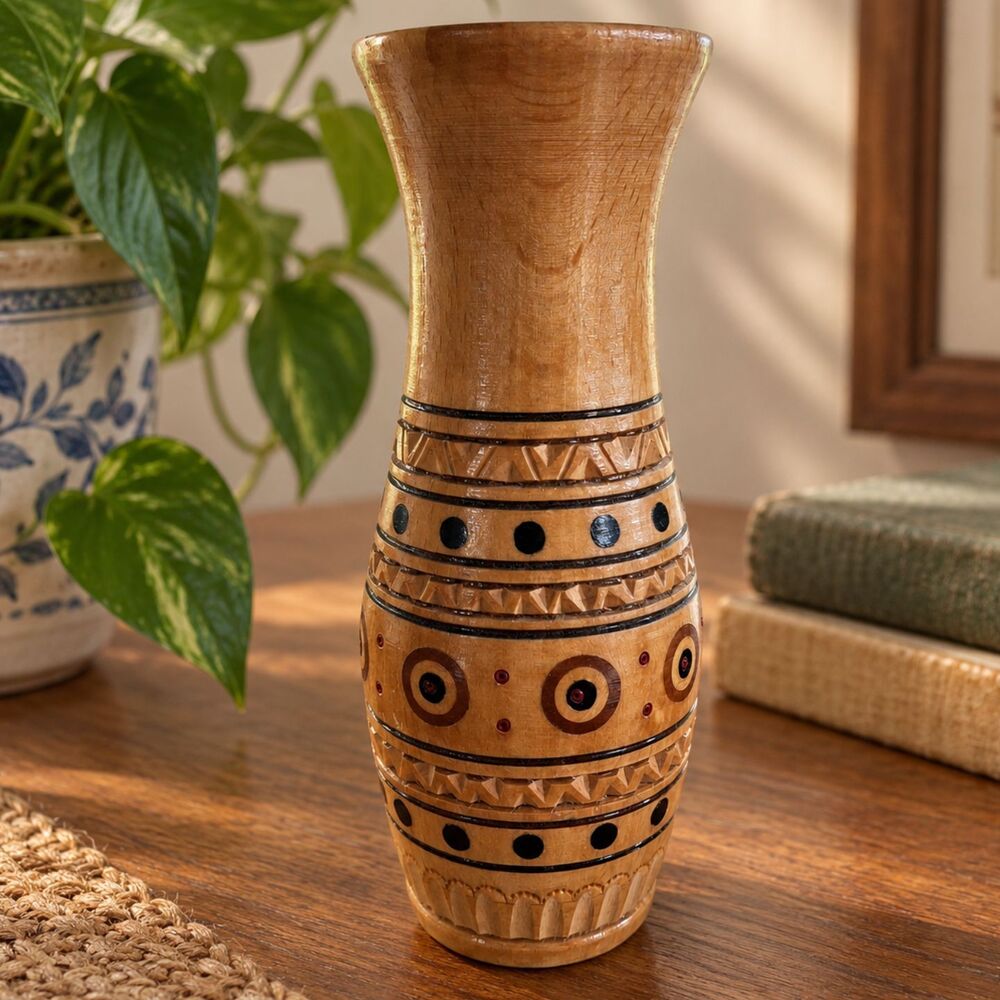 Vintage wood vase Vessel Russian European Hand carved Floral Burned EUC 6"